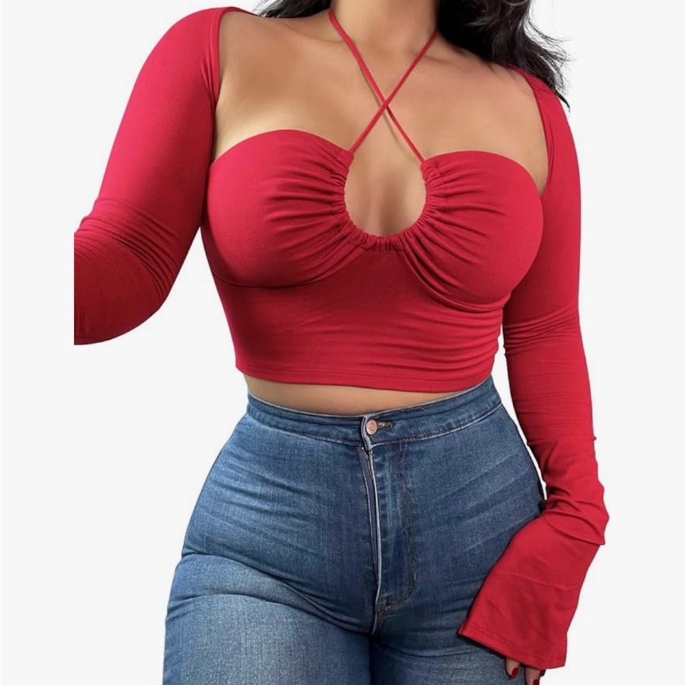 Elegant Red Long Sleeve Women's Halter Criss Cross Tie Up Cut Up Crop Top